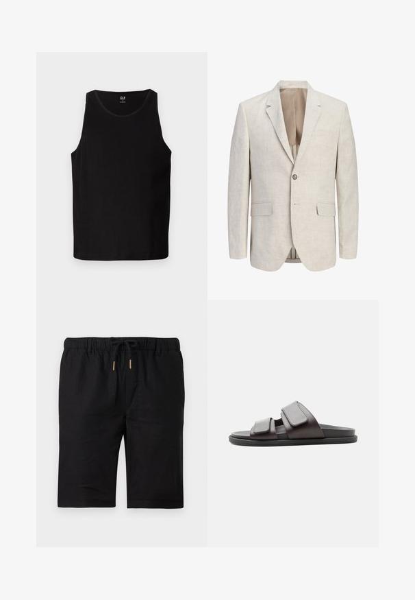 Lys beige enkeltradet blazer med noterede revers, én-knaps lukning, to lommer med flap og en brystlomme med kant, åben for at vise foringen.; Sort ribbet tanktop med brede ærmhuller og rund halsudskæring. Den har en glat stofoverflade og et diskret logo på forsiden.; Sorte knælange shorts med elastisk taljebånd, sort snørebånd med gyldne metalender og bæltestropper på hvid baggrund.; Mørkebrun slidesandal med to brede justerbare velcro-remme og en sort sål, vist fra siden på hvid baggrund.