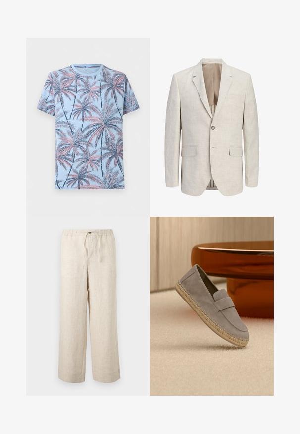 Blazer beige clair à simple boutonnage avec revers à encoches, une fermeture à un bouton, deux poches à rabat et une poche poitrine passepoilée, ouvert pour montrer la doublure.; T-shirt bleu clair à manches courtes avec un motif intégral de palmiers rose et bleu marine.; Pantalon large en lin beige avec taille élastique, bouton à l'avant et fermeture par cordon, présenté sur un fond clair uni.; Mocassin en daim gris clair avec semelle en jute tressé, présenté en appui sur un tapis beige avec une table marron brillante en arrière-plan.