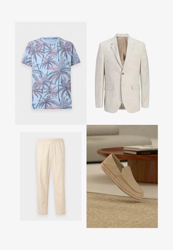 Blazer beige clair à simple boutonnage avec revers à encoches, une fermeture à un bouton, deux poches à rabat et une poche poitrine passepoilée, ouvert pour montrer la doublure.; T-shirt bleu clair à manches courtes avec un motif intégral de palmiers rose et bleu marine.; Pantalon beige clair droit avec taille élastique, sans poches visibles ni ornements, présenté sur fond blanc.; Chaussure beige tissée à enfiler avec semelle tressée flottant au-dessus d'un tapis texturé, d'une table ronde en bois et de livres empilés dans une pièce aux tons neutres.