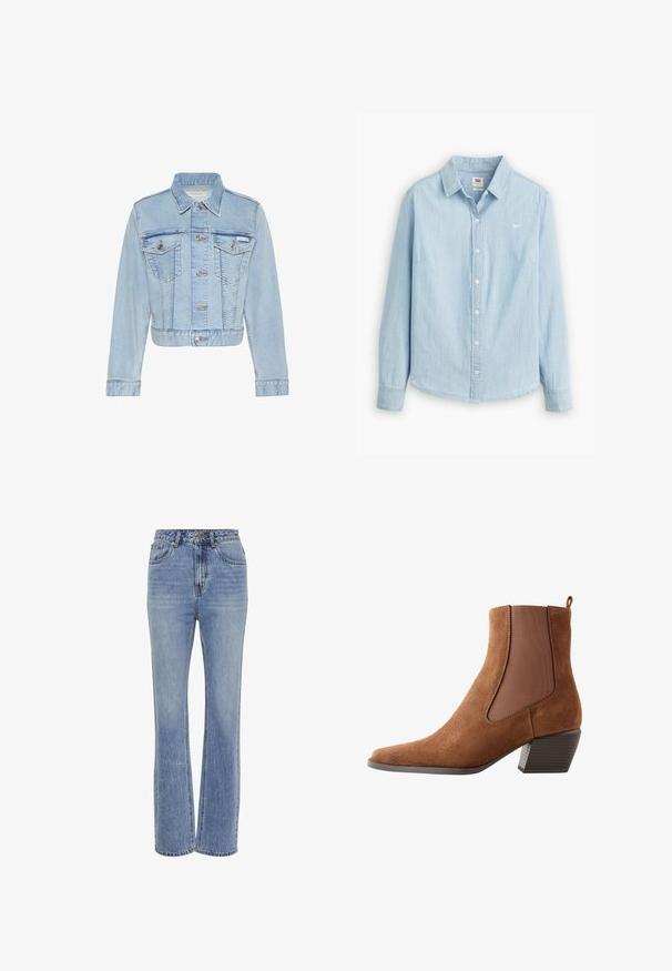 Lichtblauw cropped spijkerjack met knoopsluiting aan de voorkant, twee knoopsluitbare borstzakken, lange mouwen en een Calvin Klein-label op de linkerzak.; Lichtblauwe overhemdbloes gemaakt van zacht denimstof. Heeft een klassieke kraag en lange mouwen, met een klein logo op de borst.; Lichtblauwe denim jeans met een hoge taille, recht gesneden ontwerp, vijf zakken, zichtbare stiksels en een lichte vervaagde textuur.; Bruine suède enkellaars met lage gestapelde hak en elastisch zijpaneel voor makkelijk aan- en uittrekken, in profiel getoond op een witte achtergrond.