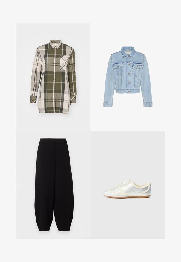 Lichtblauw cropped spijkerjack met knoopsluiting aan de voorkant, twee knoopsluitbare borstzakken, lange mouwen en een Calvin Klein-label op de linkerzak.; Overhemd met knopen en lange mouwen in een groen, beige en grijs geruit patroon. Beschikt over een borstzak en is gemaakt van zachte katoen.; Zwarte wijde cropped broek met hoge taille, zonder zichtbare zakken of versieringen.; Zilverkleurige synthetische sneakers met crème accenten, laag profiel, afgeronde neus en platte rubberen zool; voorzien van klassieke stiksels en vetersluiting.