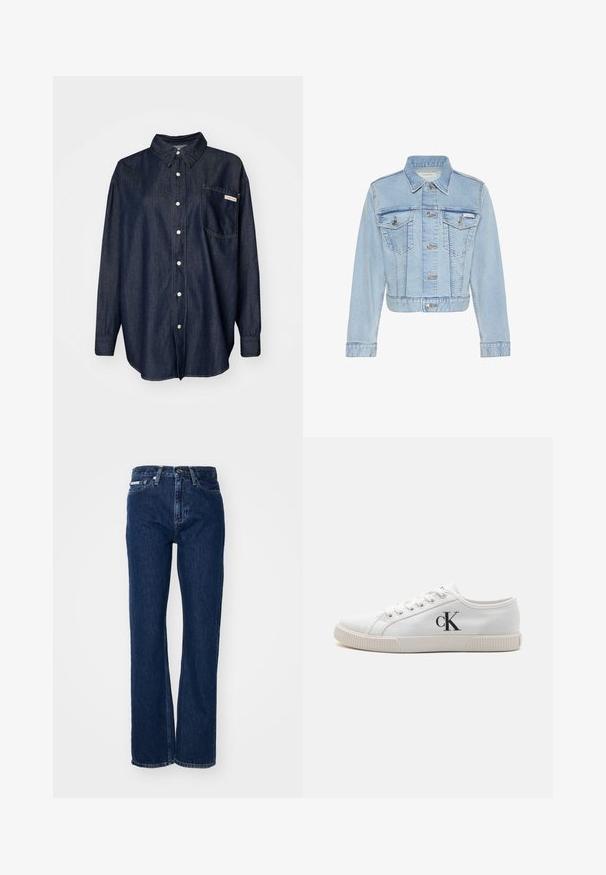 Veste en jean bleu clair courte, fermeture à boutons, deux poches poitrine boutonnées, manches longues et étiquette Calvin Klein sur la poche gauche.; Chemise en denim foncé à boutons, avec un col, des manches longues, une poche poitrine unique et des détails de couture blancs.; Jeans en denim bleu foncé avec jambes droites, fermeture à bouton et cinq poches. Le tissu a une légère texture avec des détails de couture subtils.; Baskets en toile blanches avec un design basse, dotées d'une semelle en caoutchouc et d'un logo "CK" noir sur le côté. Six œillets avec des lacets blancs.