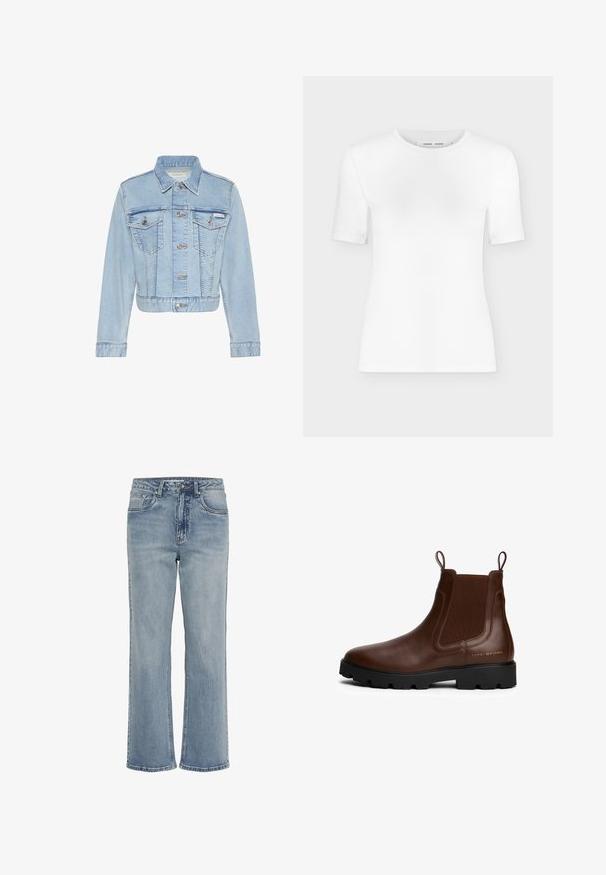 Veste en jean bleu clair courte, fermeture à boutons, deux poches poitrine boutonnées, manches longues et étiquette Calvin Klein sur la poche gauche.; T-shirt blanc à manches courtes avec col rond, coupe slim et texture de tissu côtelé, présenté sur un fond uni gris clair.; Jean en denim bleu clair à coupe droite, taille haute, style cinq poches, avec des ourlets légèrement effilochés. Coutures classiques sur toute la surface.; Bottines Chelsea en cuir marron avec des panneaux latéraux élastiques, des sangles de traction, une semelle en caoutchouc noir et un logo doré sur le côté. Texture lisse.