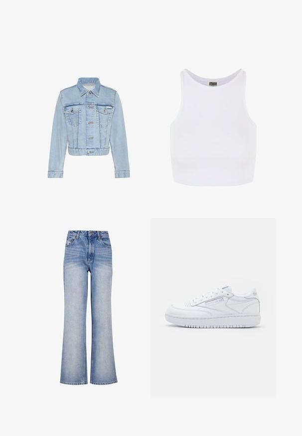 Φωτεινό μπλε cropped denim μπουφάν με κουμπιά μπροστά, δύο τσεπάκια στο στήθος με κουμπιά, μακριά μανίκια και ετικέτα Calvin Klein στην αριστερή τσέπη.; Λευκό ριγωτό τοπ crop με φαρδιές τιράντες και στρογγυλή λαιμόκοψη. Διαθέτει απαλή υφή και μινιμαλιστικό σχεδιασμό χωρίς μοτίβα.; Ανοιχτό γαλάζιο τζιν παντελόνι σε φαρδιά γραμμή με ψηλή μέση, κλείσιμο με κουμπί, διακριτική φθορά και κλασικό σχέδιο πέντε τσέπες.; Λευκό δερμάτινο sneaker χαμηλού ύψους με τρυπητή μύτη, σχέδιο με κορδόνια, επενδεδυμένο κολάρο και παχύ καουτσούκ πάτο. Ελαφριά σήμανση στα πλάγια.