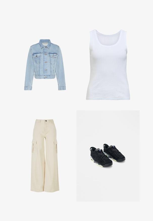 Hellblaue kurze Jeansjacke mit Knopfleiste vorne, zwei geknöpften Brusttaschen, langen Ärmeln und Calvin Klein Etikett an der linken Tasche.; Weißes, ärmelloses Rippstrick-Top mit Rundhalsausschnitt und figurbetonter Passform.; Beige weite Cargo-Hosen aus Baumwolle, mit zwei großen Seitentaschen, einem frontalen Knopfverschluss und einem sauberen Saum.; Paar schwarze Sneaker mit niedrigem Schaft, strukturierter Oberfläche, grauen Akzenten und hellen Sohlen, auf einem einfarbigen weißen Hintergrund platziert.