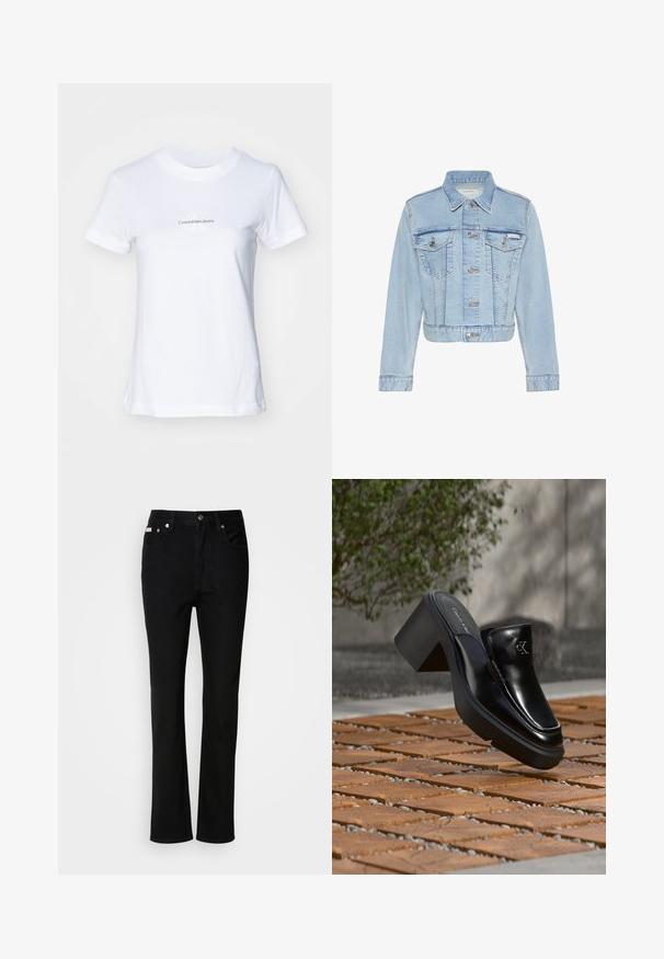 Lyseblå cropped denimjakke med knapper foran, to knappedækkede brystlommer, lange ærmer og Calvin Klein-mærke på venstre lomme.; Hvid bomulds t-shirt med rund hals, korte ærmer og grafisk tryk foran i blåt tekst: "CalvinKleinJeans" med et stiliseret "K" logo.; Sorte lige ben jeans med frontknap og lynlås, belteklip og fem-lomme design.; Sort læder Calvin Klein slip-on mule med blokhæl, der hviler på trætøj udendørs nær en grøn plante og en grå væg.