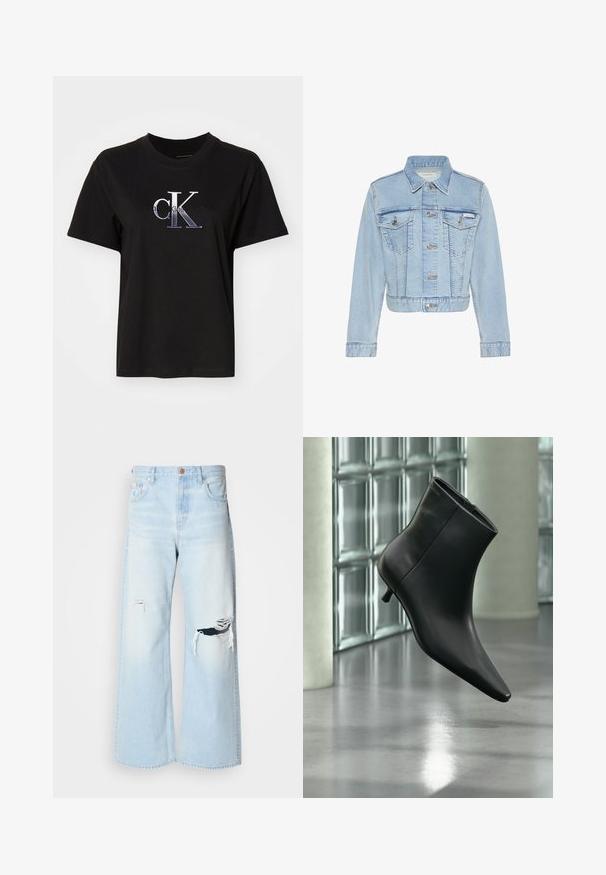 Lyseblå cropped denimjakke med knapper foran, to knappedækkede brystlommer, lange ærmer og Calvin Klein-mærke på venstre lomme.; Sort bomulds T-shirt med rund hals. Har et sølv broderet "cK" logo og teksten "Calvin Klein Jeans" under logoet. Korte ærmer.; Lyseblå brede jeans lavet af denim, med høj talje, store revner ved knæene og et klassisk fem-lomme design med kobberhardware.; Sort læderankelstøvle med spids tå og lav kitten-hæ, vist vinklet mod en poleret gulv- og glasblokvæg.