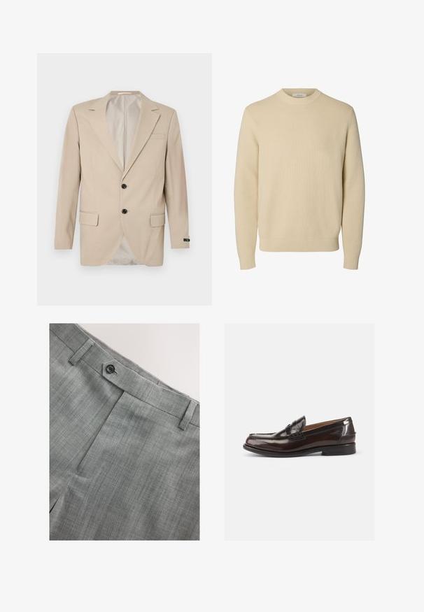 Bežový blazer s dvojitým uzáverom, klopovými reverzami, prednými vreckami a jedným vreckom na hrudi. Hladká tkanina s priliehavým strihom.; Jednoduchý béžový pletený pulóver s okrúhlym výstrihom, dlhými rukávmi a rebrovanými manžetami a lemom.; Svetlosivé nohavice s textúrovanou látkou, zapínaním na gombík, rovný predný diel s jemnými prúžkami a bočnými vreckami.; Hnedé kožené mokasíny s lesklým povrchom, prešitou dekoráciou na špičke a nízkym podpätkom. Na boku sa nachádza embosovaný branding.