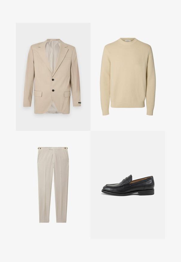 Beige Blazer mit Zwei-Knopf-Verschluss, Reverskragen, Fronttaschen und einer Brusttasche. Glattes Gewebe mit taillierter Passform.; Schlichter beiger Rundhals-Strickpullover mit langen Ärmeln und gerippten Bündchen und Saum.; Beige Hose aus strukturiertem Stoff, mit zwei vorderen Taschen und zwei großen Knöpfen am Bund. Gerade geschnitten mit Bügelfalten.; Schwarzer Leder-Herrenloafer mit genähten Details, niedrigem Absatz und einem schmalen Riemen über dem oberen Teil, seitlich auf weißem Hintergrund dargestellt.
