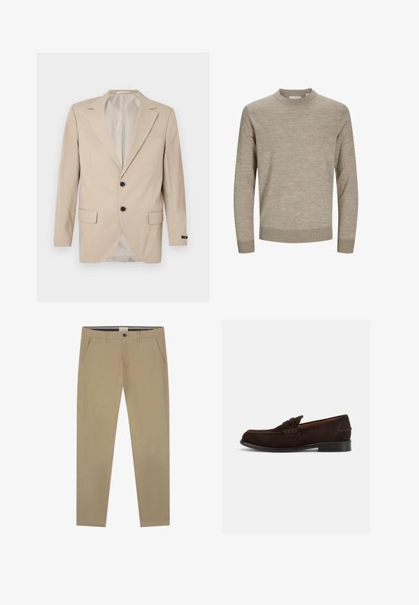 Blaser beige avec une fermeture à deux boutons, des revers crantés, des poches frontales et une poche poitrine simple. Tissu lisse avec une coupe ajustée.; Pull beige à manches longues avec col rond, poignets et ourlet côtelés, présenté sur un fond blanc.; Chinos beige en coton lisse, avec une coupe droite, une fermeture à un seul bouton et deux poches latérales. Détails de couture subtils.; Mocassin pour homme en daim marron foncé avec couture décorative et talon bas, présenté de profil droit sur un fond clair uni.