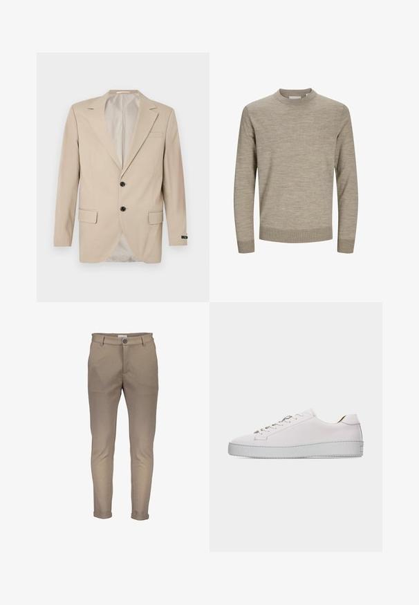Beige Blazer mit Zwei-Knopf-Verschluss, Reverskragen, Fronttaschen und einer Brusttasche. Glattes Gewebe mit taillierter Passform.; Beiger Pullover mit Rundhalsausschnitt und langen Ärmeln, mit gerippten Bündchen und Saum, auf weißem Hintergrund präsentiert.; Beige Baumwollmischhosen mit schmaler Passform, versehen mit einem Knopfverschluss, Gürtelschlaufen und aufgerollten Beinen. Glatte Textur mit sauberer Naht.; Weißer Sneaker aus Leder im Low-Top-Stil mit weißen Schnürsenkeln, flacher strukturierter Gummisohle und minimaler Naht, von der Außenseite auf weißem Hintergrund gezeigt.