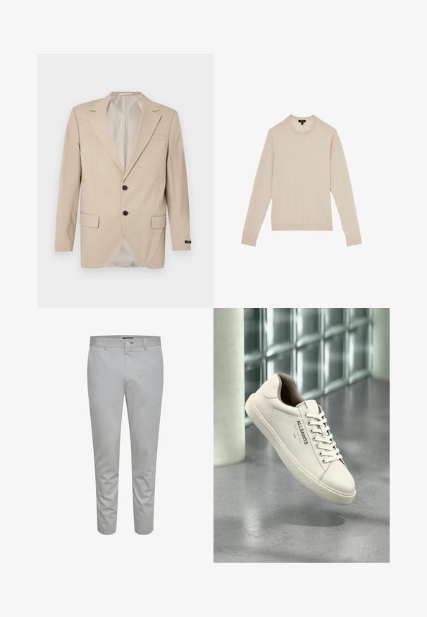 Bežový blazer s dvojitým uzáverom, klopovými reverzami, prednými vreckami a jedným vreckom na hrudi. Hladká tkanina s priliehavým strihom.; Svetlo béžový sveter s dlhým rukávom a okrúhlym výstrihom. Vyrobený z jemnej látky, zdobený rebrovanými manžetami a lemom. Minimalistický dizajn bez vzorov.; Svetlosivé upravené nohavice s hladkou textúrou, so zapínaním na gombík, pútkami na opasok a prednými vreckami. Strih do členkov.; Biela teniska AllSaints so šnúrkami, logom a japonským textom visiaca nad lesklou betónovou podlahou s matnými sklenenými blokmi v pozadí.