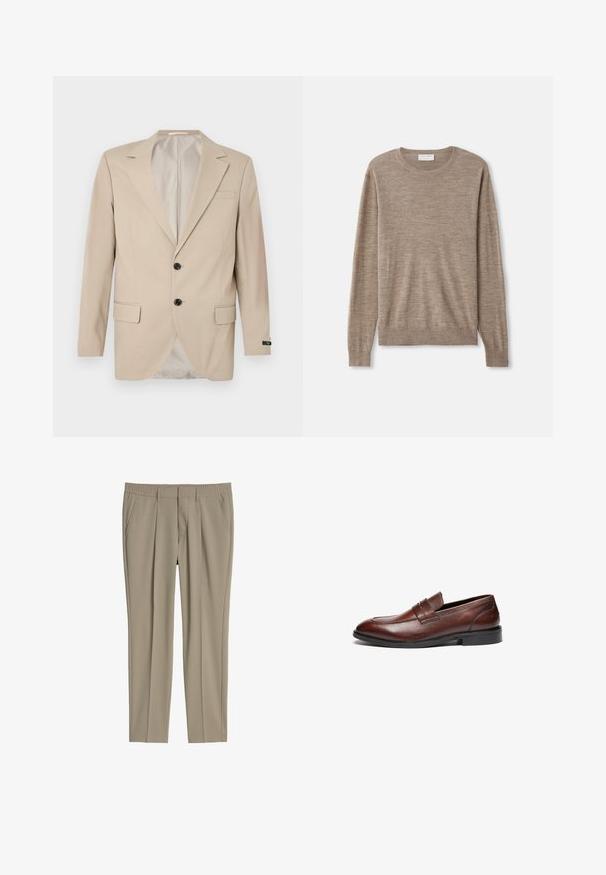 Beige blazer med en lukning af to knapper, klippet lapel, forlommer og en enkelt brystlomme. Glat stof med en skræddersyet pasform.; Beige sweater lavet af fint strikket materiale. Har en rund halsudskæring, lange ærmer samt ribkantede manchetter og søm. Simpelt og klassisk design.; Beige bukser med lige ben, elastisk talje, sidelommer, bæltestropper og frontfalsede detaljer.; Brune læder loafers med en glat finish, rund tå, dekorativ rem og sort gummisål. Har minimal syning detaljer.