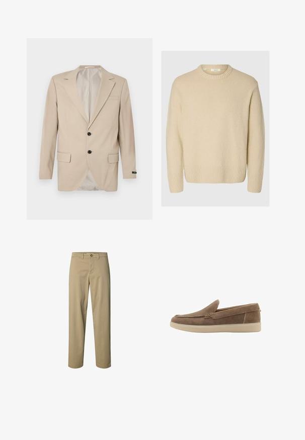 Blaser beige avec une fermeture à deux boutons, des revers crantés, des poches frontales et une poche poitrine simple. Tissu lisse avec une coupe ajustée.; Pull crème en tissu texturé. Présente un col rond côtelé et des poignets côtelés, avec une coupe décontractée et des manches longues.; Pantalon beige droit avec fermeture par bouton et zip, passants de ceinture, sans poches visibles, présenté sur fond blanc.; Mocassin marron en daim sans lacets avec semelle en caoutchouc beige et surpiqûres, vu de côté sur fond blanc.
