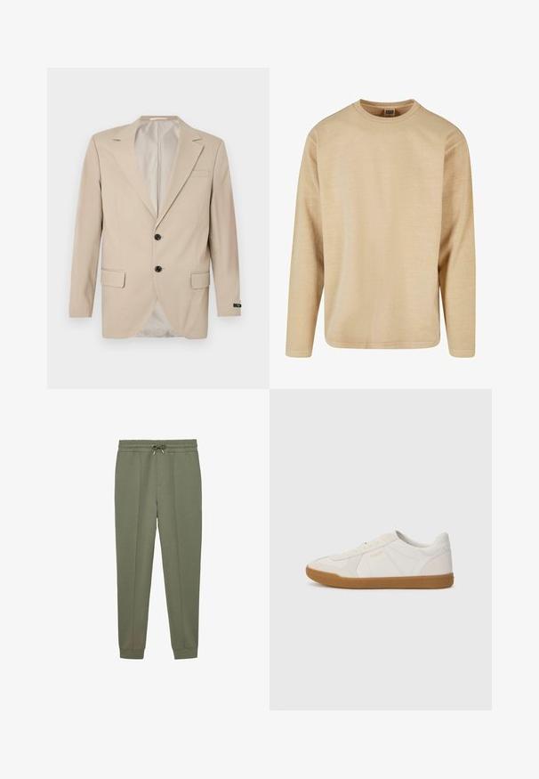 Beige blazer med en lukning af to knapper, klippet lapel, forlommer og en enkelt brystlomme. Glat stof med en skræddersyet pasform.; Beige langærmet t-shirt i blødt stof med rund hals, afslappet pasform og minimale sømme for et rent design.; Olivengrønne sweatpants lavet af blødt bomuldsblandingsmateriale, med elastisk talje og snøre, slankende ben og ribbede manchetter.; Hvide sneakers lavet af glat læder med en gummigummisål, der har simpel syning og et lille guldlogo på siden.