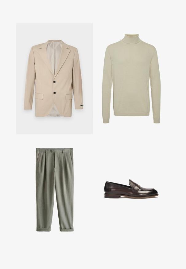 Beige Blazer mit Zwei-Knopf-Verschluss, Reverskragen, Fronttaschen und einer Brusttasche. Glattes Gewebe mit taillierter Passform.; Beiger Rollkragenpullover aus weichem Material, mit langen Ärmeln, einem taillierten Kragen und einer glatten Textur mit gerippten Akzenten an den Ärmeln.; Grau gestreifte, maßgeschneiderte Hose mit vorderen Bundfalten, seitlichen Taschen, knöpfbarem Bund und aufgeschlagenen Säumen.; Dunkelbraune Lederloafers mit abgerundeter Spitze, erhobenem Steppdetail und leichtem Absatz. Glatte Textur und klassisches Design.