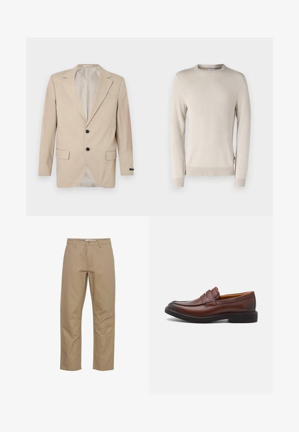 Blaser beige avec une fermeture à deux boutons, des revers crantés, des poches frontales et une poche poitrine simple. Tissu lisse avec une coupe ajustée.; Pull en tricot beige présentant un motif texturé, un col ras du cou et des poignets et ourlet côtelés. Fabriqué en matériau doux et respirant.; Pantalons en coton beige avec une coupe droite, présentant une fermeture éclair et un bouton à l'avant, des poches latérales et une finition soignée.; Mocassins en cuir marron avec un bout arrondi, des coutures décoratives et une semelle en caoutchouc noire. Texture lisse et détails de conception minimaux.