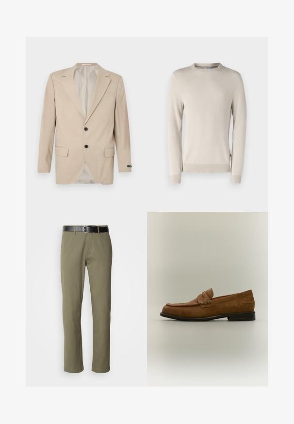 Beige blazer med en lukning af to knapper, klippet lapel, forlommer og en enkelt brystlomme. Glat stof med en skræddersyet pasform.; Beige striktrøje med et struktureret mønster, rund halsudskæring og ribbede manchetter og kant. Fremstillet af blødt, åndbart materiale.; Olivengrønne lige ben bukser lavet af bomuld, med et sort læderbælte, synlig søm og sidelommer.; Brun ruskind loafer med en lav sort hæl og et syet remdetalje på overdelen, vist fra siden mod en neutral baggrund.