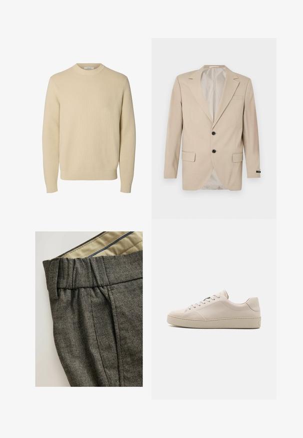 Beige blazer med en lukning af to knapper, klippet lapel, forlommer og en enkelt brystlomme. Glat stof med en skræddersyet pasform.; Enkel beige crewneck striktrøje med lange ærmer og ribstrikkede manchetter og kant.; Grå teksturerede bukser med plissert liv og kontrasterende indvendig for. Har subtile mønstre og et skræddersyet design.; Beige lædersneakers med en glat finish, rund tå, flad sål og klassisk snøredesign. Subtile syninger og struktureret ydersål.
