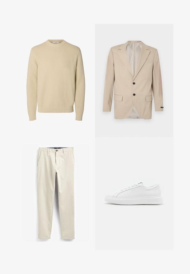 Bežový blazer s dvojitým uzáverom, klopovými reverzami, prednými vreckami a jedným vreckom na hrudi. Hladká tkanina s priliehavým strihom.; Jednoduchý béžový pletený pulóver s okrúhlym výstrihom, dlhými rukávmi a rebrovanými manžetami a lemom.; Béžové bavlnené nohavice s rovnýcm strihom, prednými vreckami a zapínaním na jeden gombík. Hladká textúra s čistým povrchom.; Biele tenisky vyrobené z hladkého syntetického materiálu. Majú nízky strih, zvýšenú bielu podrážku, zaoblenú špičku a šnurovanie vpredu s piatimi očkami.
