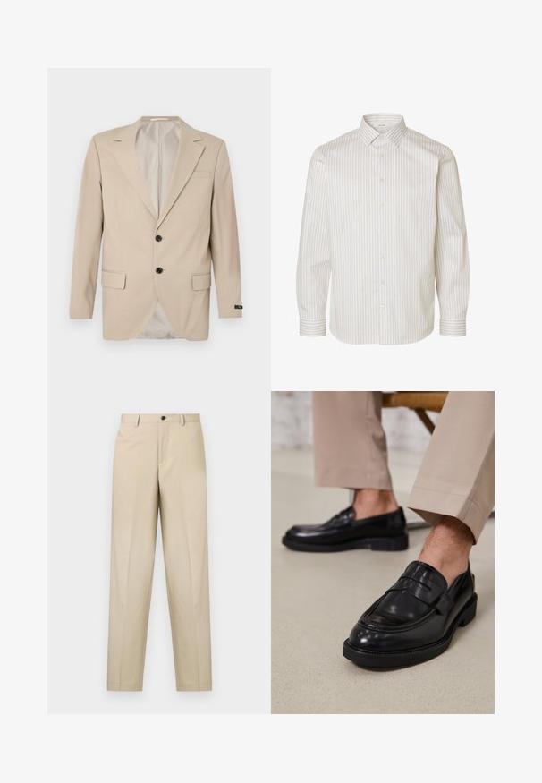 Beige blazer med en lukning af to knapper, klippet lapel, forlommer og en enkelt brystlomme. Glat stof med en skræddersyet pasform.; Hvid skjorte med lange ærmer med beige lodrette striber, knapper foran, spids krave og manchetter med knapper.; Beige bukser lavet af letvægtsstof, med en lige ben-design, enkelt frontfold og en knaplukning i taljen.; Sorte lædermokkasiner med en glat overflade, der har en dekorativ rem og kontraststing, parret med beige bukser.