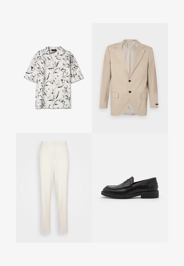 Beige blazer med en lukning af to knapper, klippet lapel, forlommer og en enkelt brystlomme. Glat stof med en skræddersyet pasform.; Kortærmet skjorte med åben krave i hvid base med sorte og grå blomsterede mønstre. Letvægtsstof med knapdetaljer.; Cremefarvede skræddersyede bukser med lige snit, lavet af tekstureret stof. Har bæltestikler og en lynlåslukning foran.; Sorte læder loafers med en rund tå, tonale syninger og en stropdetalje foran. Gummisål med en lav hæl.
