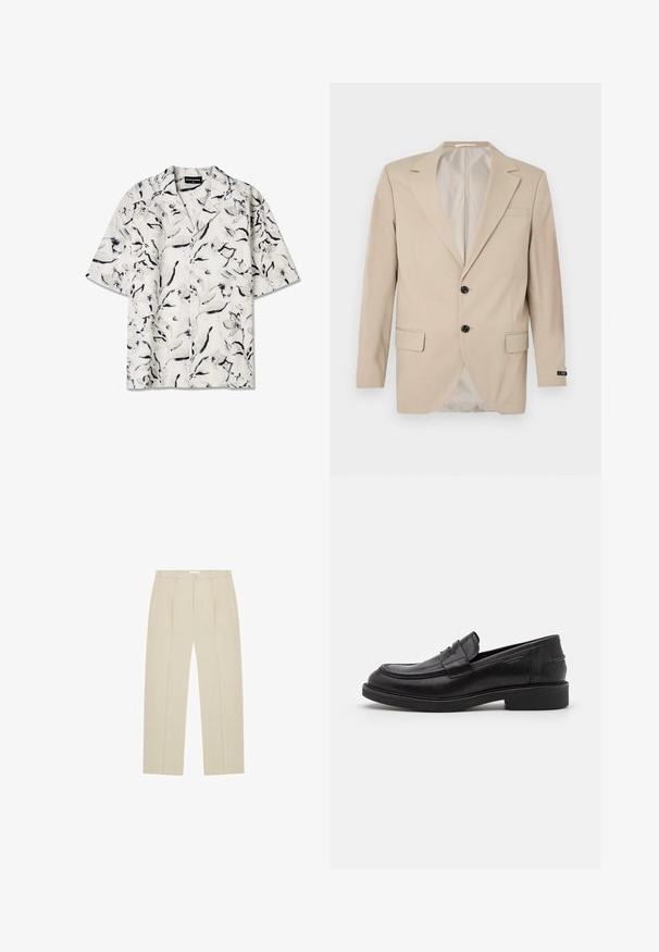 Beige Blazer mit Zwei-Knopf-Verschluss, Reverskragen, Fronttaschen und einer Brusttasche. Glattes Gewebe mit taillierter Passform.; Kurzärmliges, offenes Kragenhemd mit weißem Grund und schwarzen sowie grauen Blumenmustern. Leichter Stoff mit Knopfdetails.; Beige Hose mit geradem Bein, Vorderfalten, Seitentaschen, Gürtelschlaufen und Knopfverschluss in der Taille.; Schwarze Lederloafer mit abgerundetem Zeh, farblich abgestimmtem Nähen und einem Riemendetail an der Vorderseite. Gummi-Sohle mit niedrigem Absatz.