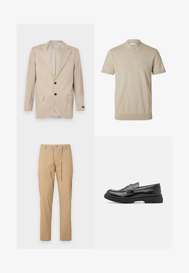 Beige blazer med en lukning af to knapper, klippet lapel, forlommer og en enkelt brystlomme. Glat stof med en skræddersyet pasform.; Beige kortærmet polo med krave og tre knapper, ribkant ved ærmer og nederkant, ensfarvet strikstof.; Lyse beige bomuldsbukser med snøre i taljen, tætsiddende pasform, standardlommer og knaplukning foran. Glat tekstur.; Sort læder loafersko med en bred rem over forfoden, gummisål med tykke mønstre og glat overflade. Klassisk, slankt design.