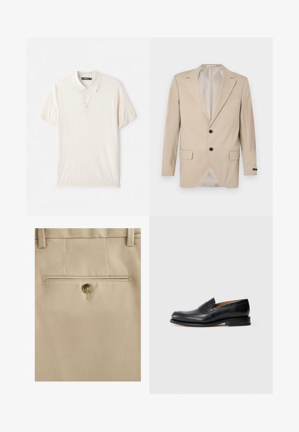 Beige blazer med en lukning af to knapper, klippet lapel, forlommer og en enkelt brystlomme. Glat stof med en skræddersyet pasform.; Lys beige polo skjorte med klassisk krave, tre-knaps lukning og korte ærmer. Lavet af blødt, glat stof. Enkel design uden mønstre.; Beige skræddersyede bukser med baglomme med enkelt brunt knaplukning og bæltestropper over linningen.; Sort læder loafersko med en glat finish, rund tå og en lille frontklap. Har en lav, solid sort hæl og minimale design detaljer.