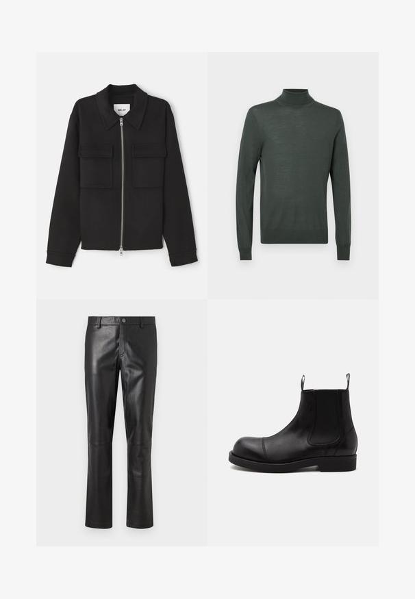 NN.07 ALBAN - Let jakke / Sommerjakker - black; Mørkegrøn turtleneck sweater lavet af blødt, let materiale. Har lange ærmer og en tætsiddende pasform med ribbede detaljer ved ærmekanterne og udskæringen.; Sorte læderbukser med en glat overflade, lige ben-design og diskrete stikninger langs sømmene. Har en knaplukning i taljen.; Sort læder Chelsea-støvle med rund tå, elastiske sidepaneler, stropper foran og bagpå, flad sål, vist fra siden på hvid baggrund.