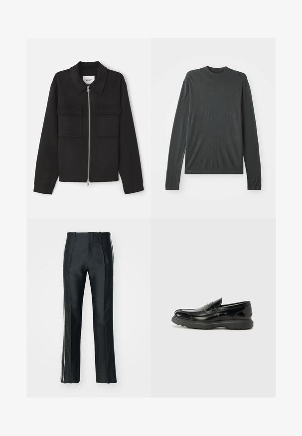 NN.07 ALBAN - Let jakke / Sommerjakker - black; Mørkegrå langærmet strikket sweater med høj, ribbet krave. Blød tekstur, afslappet pasform og ingen synlige mønstre eller hardwaredetaljer.; Sorte satinbukser med en skræddersyet pasform, der har hvide sidelister. Designet med en udvidet benvidde og frontfolder for ekstra detalje.; Sort læderloafer med en blank finish, rund tå, subtile syninger og en tyk gummisål for holdbarhed.