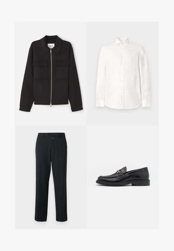 NN.07 ALBAN - Veste légère - black; Chemise blanche à manches longues en tissu lisse. Elle a un col pointu, une fermeture à boutons sur le devant et un ourlet arrondi. Pas de motifs visibles.; Pantalon noir à coupe droite, en tissu lisse. Il présente une fermeture à bouton à l'avant et des détails de couture subtils. Conception simple sans motifs.; Mocassins en cuir noir avec un embout rond, présentant des accents en métal doré et des détails de couture, montés sur une semelle en caoutchouc texturé et basse.