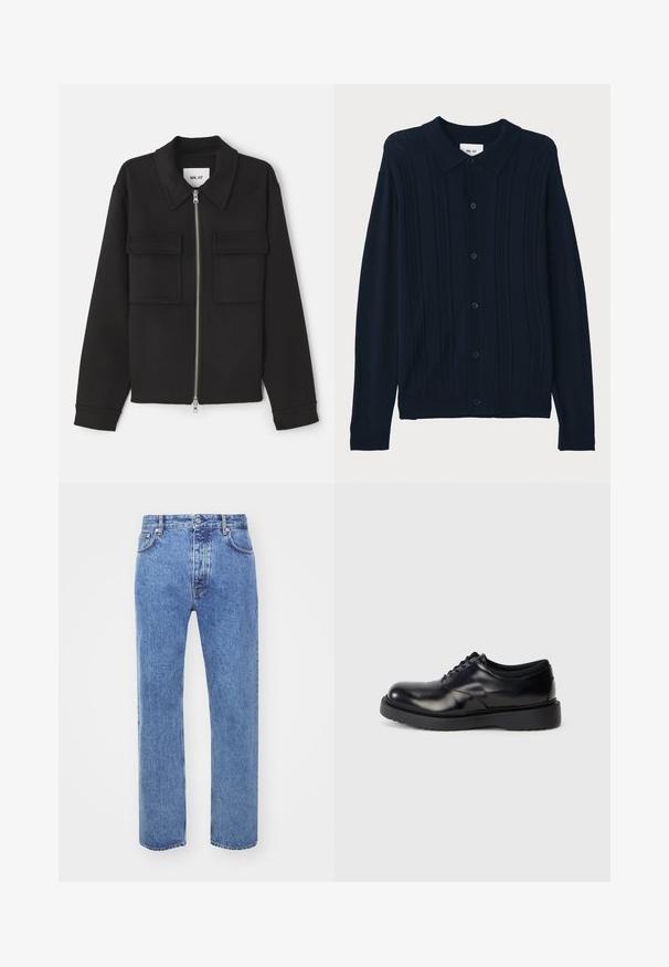 NN.07 ALBAN - Veste légère - black; NN.07 THOR - Chemise - dark blue; Won Hundred STEVE - Jean boyfriend - cut blue; Chaussure en cuir noir à lacets avec un bout rond, surface lisse et une semelle en caoutchouc épaisse dotée de légers rainurages pour une meilleure adhérence.