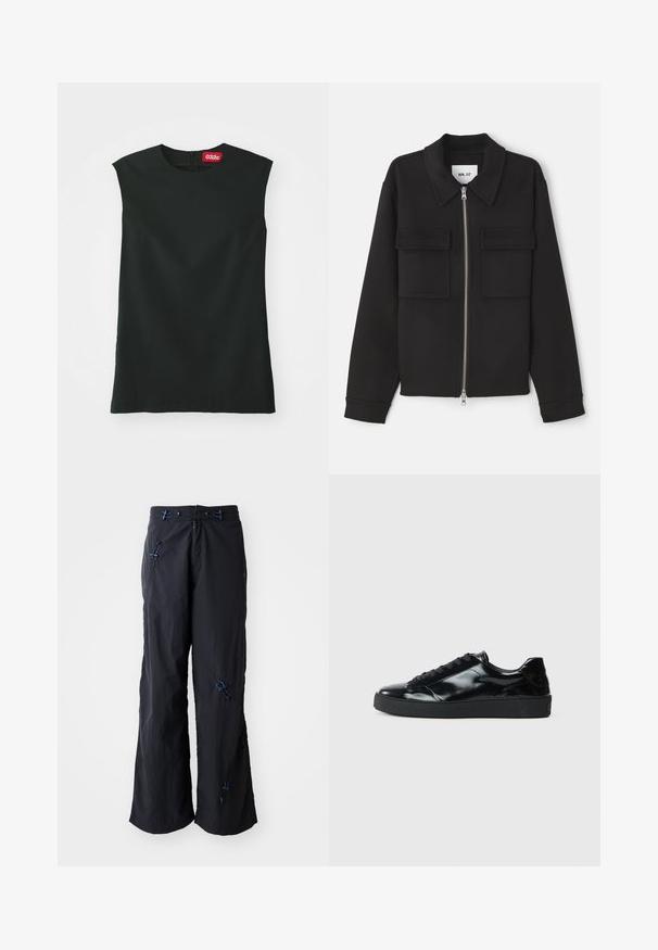 NN.07 ALBAN - Veste légère - black; Un haut sans manches noir avec un col rond, en tissu lisse, et une fermeture éclair au dos. Il présente une petite étiquette rouge avec le logo "032c" au niveau du cou.; Pantalons noirs, légers et à jambes larges avec une finition texturée. Présente des accents bleus et des cordons pour un ajustement. Fermeture éclair.; Baskets en cuir verni noir avec un bout arrondi, un laçage, une semelle en caoutchouc texturé et une finition lisse.