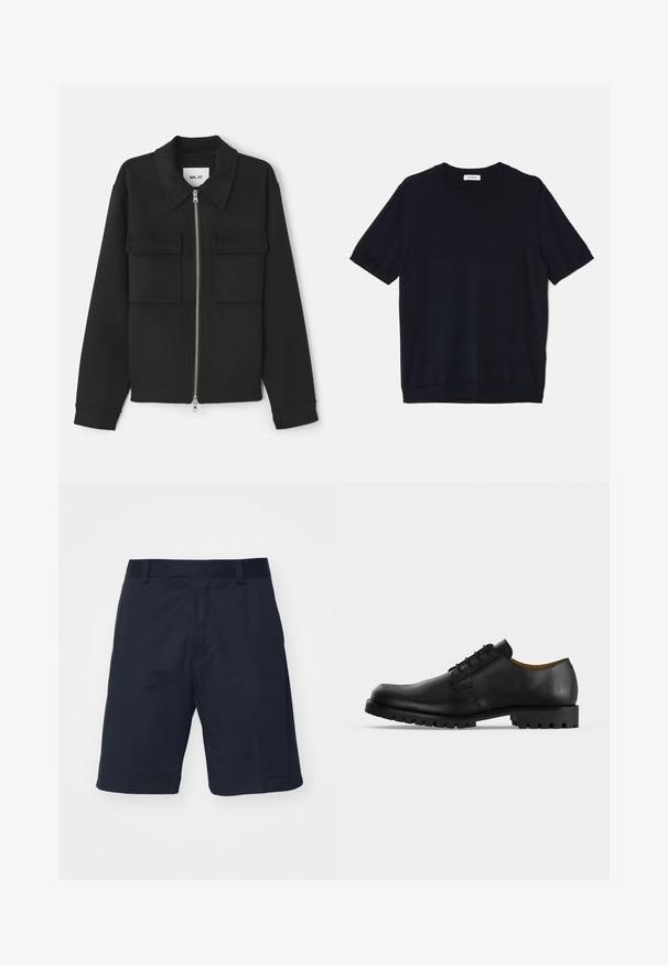 NN.07 ALBAN - Lichte jas - black; sandro PABLO TEE - T-shirt basic - noir; Zwarte short gemaakt van een gladde stof, met een vlakke voorkant, riemlussen en een knielange snit zonder zichtbare patronen of hardware.; Zwart leren veterschoen met een dikke, geribbelde zool en lage hak, afgebeeld op een witte achtergrond.