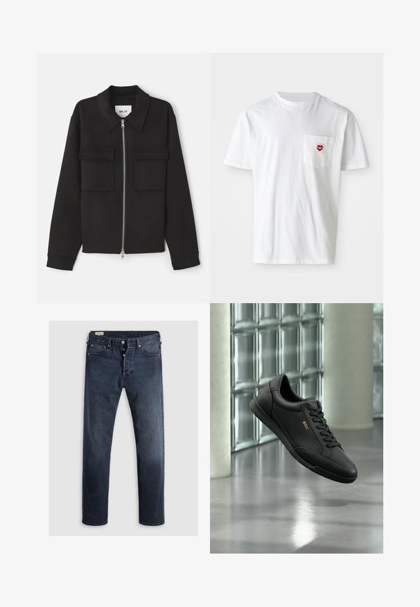 NN.07 ALBAN - Lichte jas - black; Witte katoenen T-shirt met een ronde hals en korte mouwen. Bevat een klein rood hartlogo op de linkerkant van de borstzak.; Donkerblauwe denim jeans met een rechte pijp, voorzien van een rits en metalen knopen, en koperen klinknagels. Gladde textuur, geen zichtbare patronen.; Zwarte leren sneaker met veterontwerp en “BOSS”-logo, zwevend in de lucht tegen een glazen blokkenmuur en gepolijste betonnen vloer.