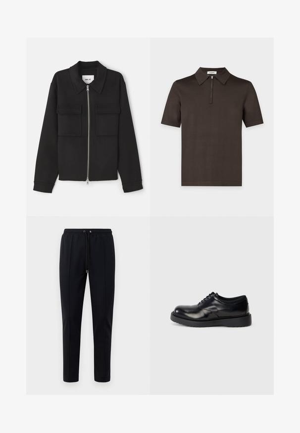 NN.07 ALBAN - Leichte Jacke - black; Dunkelbraunes Poloshirt mit kurzen Ärmeln, Kragen und Frontreißverschluss vor weißem Hintergrund.; Schwarze Jogginghosen aus weichem, elastischem Material. Mit einem elastischen Bund und Kordeln sowie schmal zulaufenden Beinen. Keine sichtbaren Muster.; Schwarze Leder-Schnürschuhe mit abgerundeter Zehenpartie, glatter Oberfläche und einer dicken Gummisohle mit dezenten Rillen für besseren Halt.
