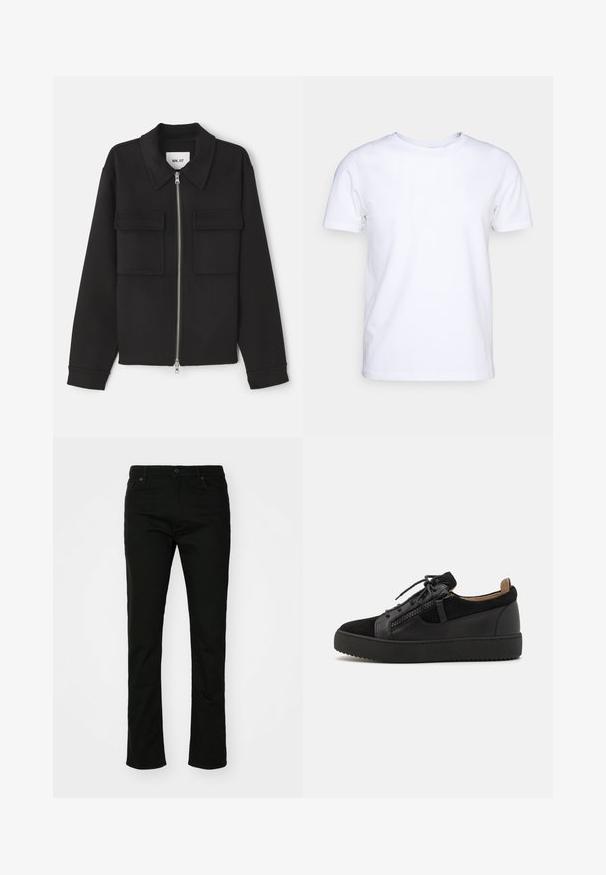 NN.07 ALBAN - Leichte Jacke - black; Weißes T-Shirt mit kurzen Ärmeln aus Baumwollstoff und rundem Halsausschnitt. Schlichtes Design ohne Muster oder Akzente. Glatte Textur.; Schwarze Denim-Jeans mit geradem Bein, fünf Taschen und Druckknopfverschluss. Glatte Textur mit dezenten Nähten.; Giuseppe Zanotti DOUBLE ZIP - Sneaker low - black