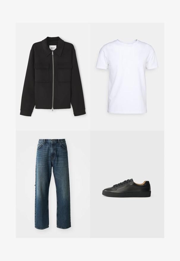NN.07 ALBAN - Leichte Jacke - black; Weißes T-Shirt mit kurzen Ärmeln aus Baumwollstoff und rundem Halsausschnitt. Schlichtes Design ohne Muster oder Akzente. Glatte Textur.; NN.07 OTIS - Jeans Straight Leg - stonewashed; Schwarze, niedrig geschnittene Ledersneaker mit strukturierter Oberfläche, schwarzen Schnürsenkeln und dicker Gummisohle, seitlich auf einem hellen Hintergrund dargestellt.