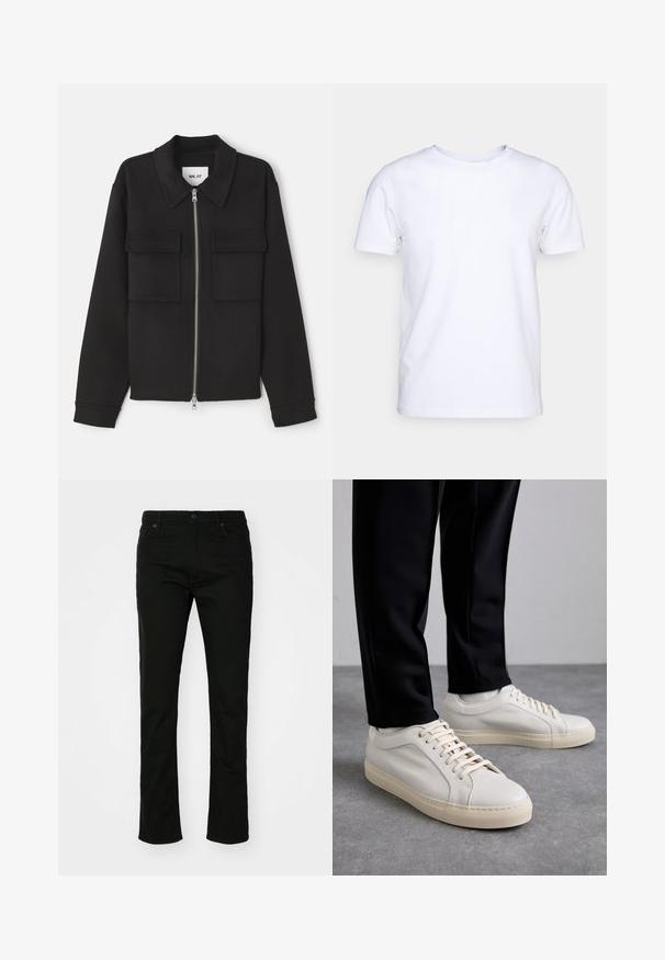 NN.07 ALBAN - Leichte Jacke - black; Weißes T-Shirt mit kurzen Ärmeln aus Baumwollstoff und rundem Halsausschnitt. Schlichtes Design ohne Muster oder Akzente. Glatte Textur.; Schwarze Denim-Jeans mit geradem Bein, fünf Taschen und Druckknopfverschluss. Glatte Textur mit dezenten Nähten.; Helle beigefarbene Leder-Sneaker mit flachen Schnürsenkeln, einer strukturierten Oberfläche und einer kontrastierenden, cremefarbenen Gummisohle, kombiniert mit schwarzen eng geschnittenen Hosen.