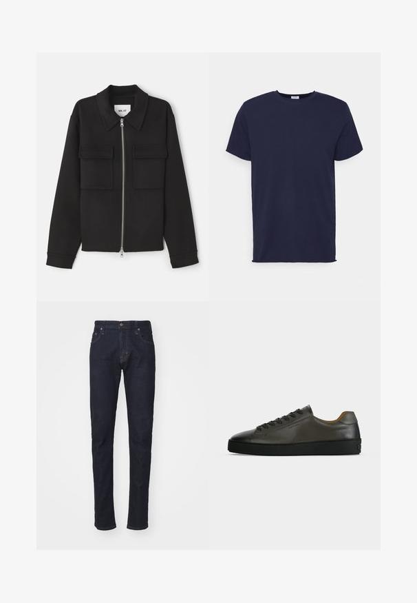 NN.07 ALBAN - Lichte jas - black; Navyblauwe T-shirt met korte mouwen van zachte stof. Heeft een ronde hals en een rechte snit zonder patronen of accenten.; Donkerblauwe denim jeans met een slim fit, vijf zakken ontwerp en een knoopsluiting. Kenmerken zijn contrasterende stiksels en een rechte pijp.; Donkergrijze leren lage sneaker met zwarte veters en zool, minimalistisch ontwerp, zijaanzicht op een effen lichte achtergrond.