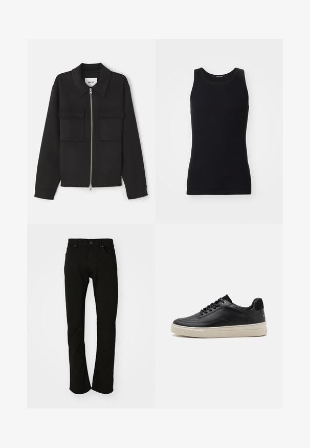 NN.07 ALBAN - Leichte Jacke - black; Schwarzes Tanktop aus einem glatten, dehnbaren Material. Verfügt über einen runden Halsausschnitt und keine Ärmel, mit einer engen Passform und einfachem Design.; Schwarze Jeans aus Denim mit geradem Beinanschnitt, ausgestattet mit einem klassischen Bund, Fronttaschen und einer glatten Textur. Keine sichtbaren Muster oder Akzente.; Schwarzer Ledersneaker mit niedrigem Profil, ausgestattet mit einer cremefarbenen Gummisohle, runder Zehe und Schnürdesign, akzentuiert mit einer Ferse aus schwarzem Wildleder.