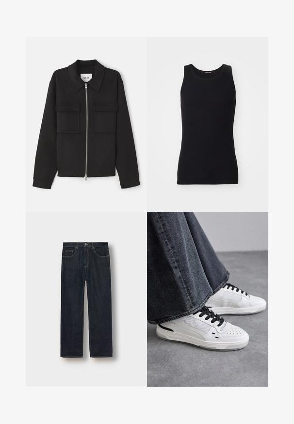 NN.07 ALBAN - Lichte jas - black; Zwarte tanktop gemaakt van een gladde, rekbare stof. Heeft een ronde halslijn en geen mouwen, met een slim fit en een eenvoudig ontwerp.; Donkerblauwe straight-leg jeans van denimstof, met riemlussen, voorkanten en contrasterende stiksels. Minimalistisch ontwerp zonder versieringen.; Witte sneakers met zwarte veters en mesh-details. Beschikt over een gladde leren bovenkant en een gestructureerde rubberen zool. Gepaard met brede grijze jeans.