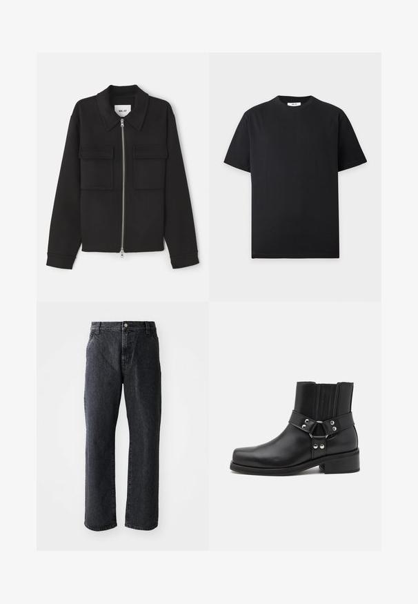 NN.07 ALBAN - Lichte jas - black; Effen zwart T-shirt met korte mouwen en ronde hals, plat op een lichtgrijze achtergrond gelegd met een klein wit labeltje in de kraag.; Zwarte denim jeans met een rechte pijp, voorzien van een knoopsluiting, vijf zakken en een subtiele textuur. Klassiek ontwerp zonder opvallende patronen.; The Kooples CHAUSSURES - Cowboy-/Bikerlaarsjes - black