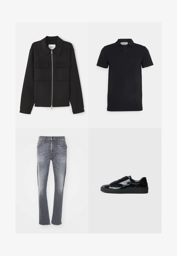 NN.07 ALBAN - Kevyt takki - black; Lyhythihainen musta polo-paita, jossa on klassinen kaulus, valmistettu sileästä kankaasta. Mukana on etiketti, jossa on brändin nimi 'Filippa K' kaula-aukossa.; Harmaat farkut suoraan leikkauksella, joissa on kulunut pinta, viisi taskua ja vyölenkit. Ommeltu helma ja perinteinen napitus.; Mustat lakatut nahkakengät pyöreällä varpaalla, nauhakiinnitys, teksturoitu kumipohja ja sileä pinta.