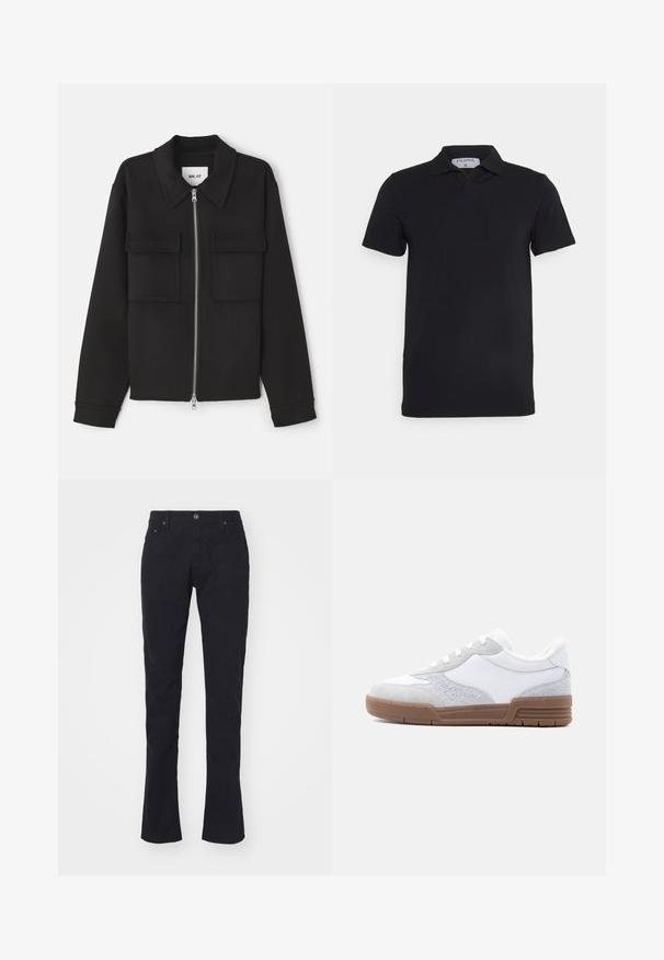 NN.07 ALBAN - Let jakke / Sommerjakker - black; Sort kortærmet polo-shirt med klassisk krave, lavet af glat stof. Har et mærke med brandnavnet 'Filippa K' ved halsudskæringen.; Sorte bomuldsbukser med lige pasform, der har knaplukning, to forlommer og en glat overflade. Ingen mønstre eller detaljer.; Lavtop hvid og grå sneaker med snørelukning foran og gummisål i karamelfarve, set fra siden mod en ensartet lys grå baggrund.
