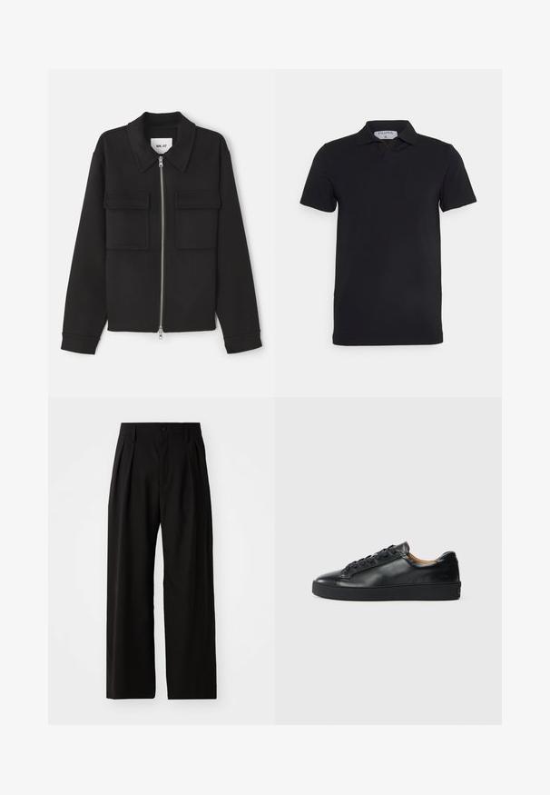 NN.07 ALBAN - Veste légère - black; Polo noir à manches courtes avec un col classique, fabriqué en tissu lisse. Présente une étiquette avec le nom de la marque 'Filippa K' au niveau de l'encolure.; Pantalons larges noirs avec une texture lisse, dotés de deux plis avant, d'une fermeture à bouton et de poches latérales. Tissu durable.; Baskets en cuir noir avec une texture lisse, bout rond et fermeture à lacets. Comprend une semelle en caoutchouc épaisse et un minimum de détails de marque.
