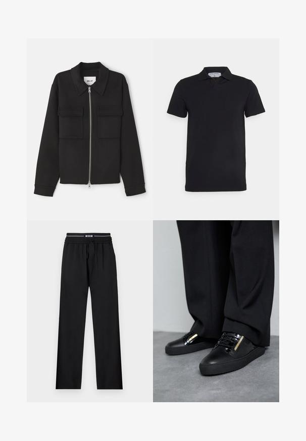 NN.07 ALBAN - Veste légère - black; Polo noir à manches courtes avec un col classique, fabriqué en tissu lisse. Présente une étiquette avec le nom de la marque 'Filippa K' au niveau de l'encolure.; Pantalons noirs à coupe décontractée, taille élastique, cordon de serrage ajustable et poches latérales. Fabriqués en tissu lisse sans motifs.; Baskets en cuir noir avec des accents brillants, des lacets texturés et un détail de fermeture éclair ; associées à un pantalon sombre et ample sur un sol gris.