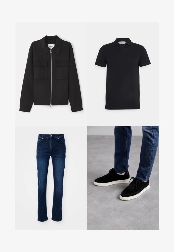 NN.07 ALBAN - Kevyt takki - black; Lyhythihainen musta polo-paita, jossa on klassinen kaulus, valmistettu sileästä kankaasta. Mukana on etiketti, jossa on brändin nimi 'Filippa K' kaula-aukossa.; Tummansiniset farkut suoran lahkeen istuvuudella, joissa on klassinen viiden taskun muotoilu ja hienovaraiset ompeluyksityiskohdat.; Mustat mokkakengät, joissa on valkoinen kumipohja, klassinen matala muotoilu, pyöreä kärki ja litteät mustat nauhat.
