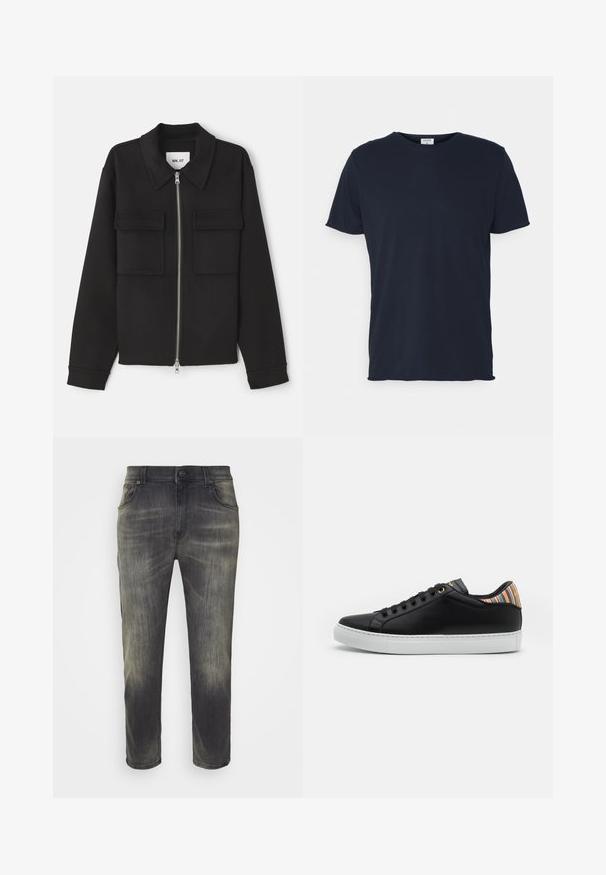 NN.07 ALBAN - Lichte jas - black; Navyblauwe katoenen t-shirt met ronde hals en korte mouwen, met een gladde textuur en eenvoudig ontwerp, zonder zichtbare patronen of accenten.; Donkergrijze jeans met een vervaagde afwerking, rechte pijpdesign, vijf zakken en een sluiting met een knoop aan de voorkant. Van katoen denim stof, met een zachte textuur.; Zwarte leren sneaker met een witte rubberen zool, voorzien van een gestreepte multicolor accent aan de hiel en een zwarte vetersluiting met gouden oogjes.